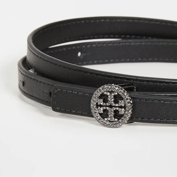 Tory Burch Skinny Embellished Logo Belt Black Rhinestones Crystals Leather